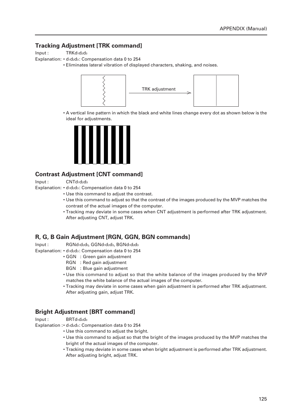 Tracking adjustment [trk command, Contrast adjustment [cnt command, R, g, b gain adjustment [rgn, ggn, bgn commands | Bright adjustment [brt command, 125 appendix (manual) | Pioneer Multi Projection System RM-V1000NU User Manual | Page 126 / 159