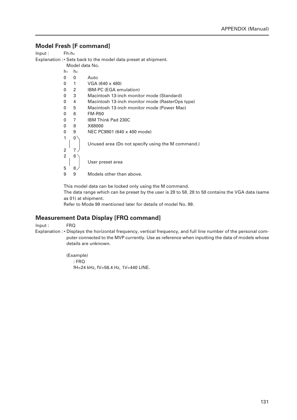 Model fresh [f command, Measurement data display [frq command | Pioneer Multi Projection System RM-V1000NU User Manual | Page 132 / 159