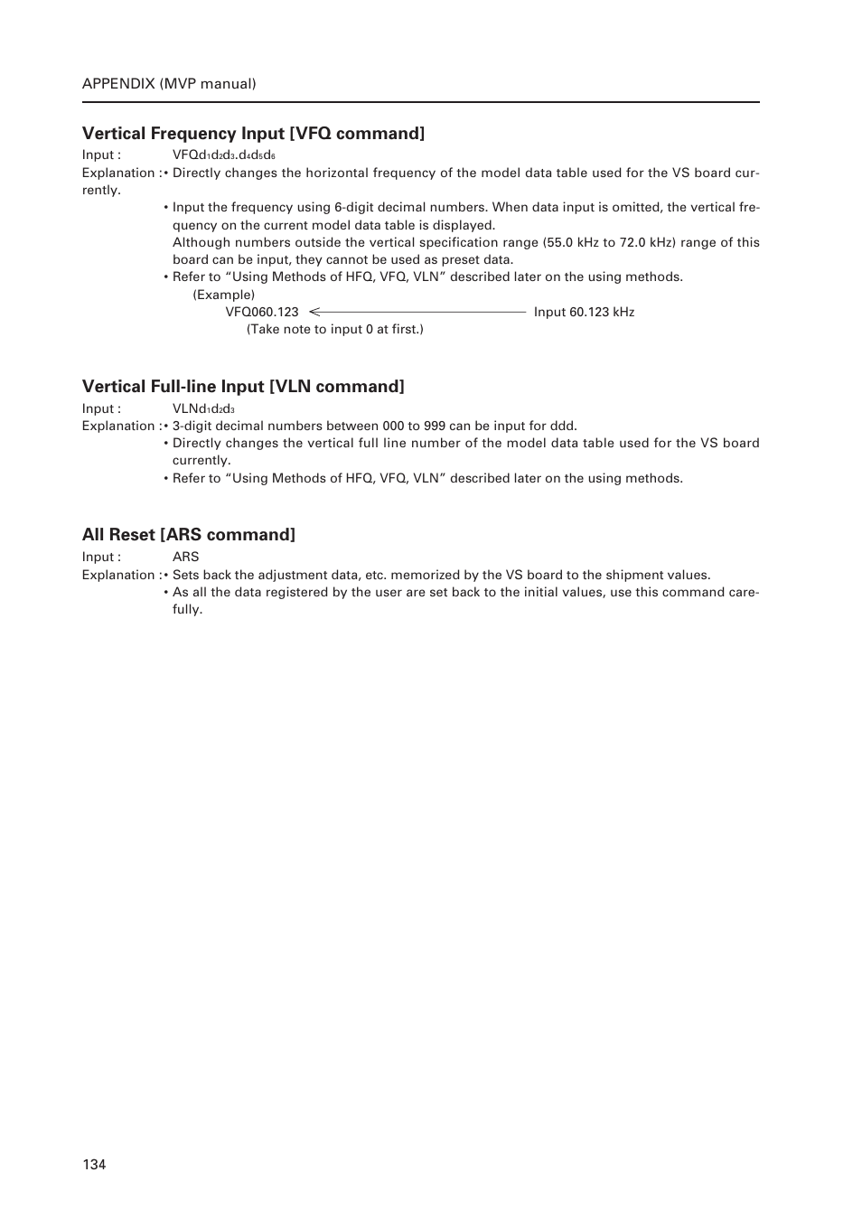 Vertical frequency input [vfq command, Vertical full-line input [vln command, All reset [ars command | Pioneer Multi Projection System RM-V1000NU User Manual | Page 135 / 159