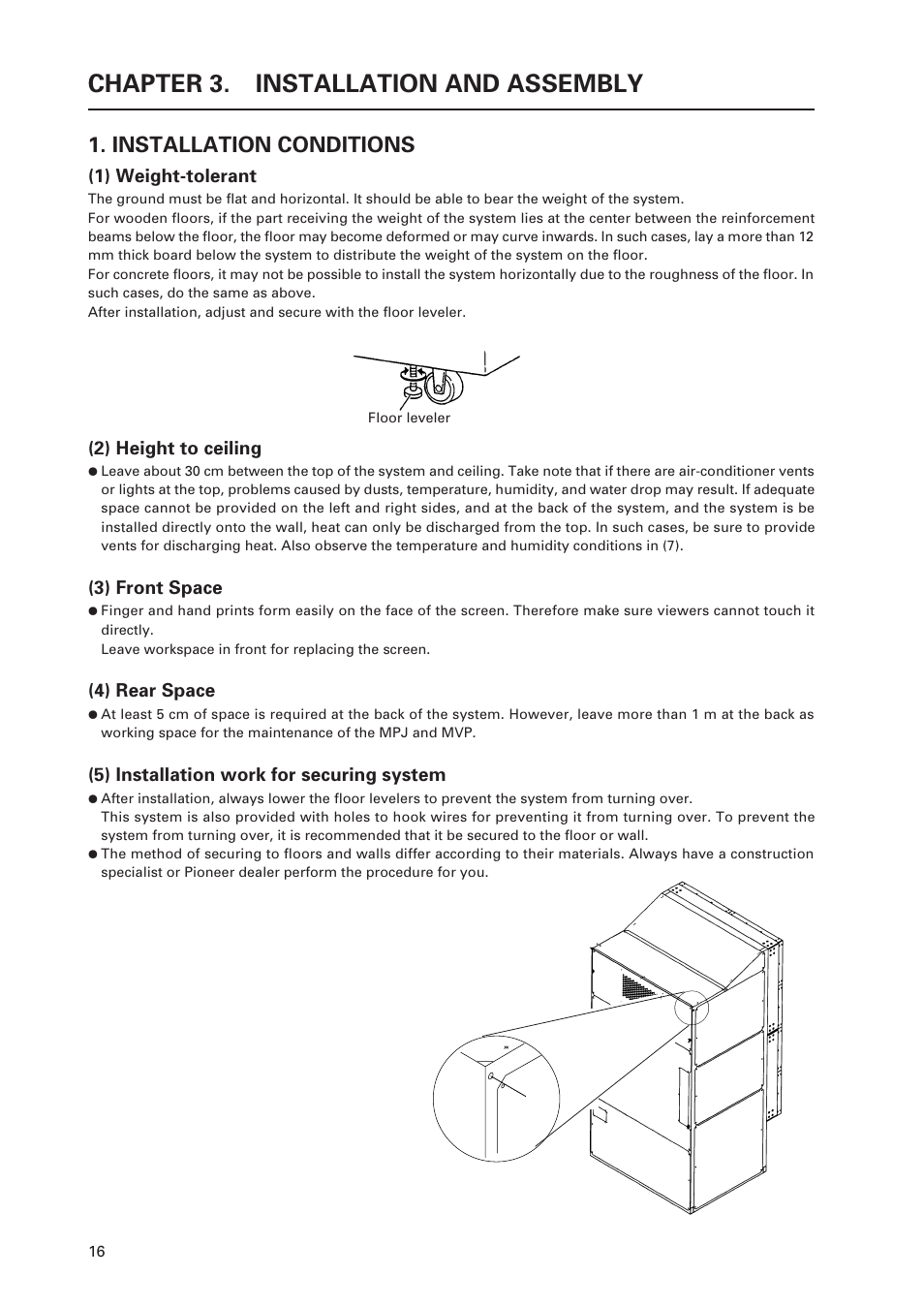 Chapter 3. installation and assembly, Installation conditions | Pioneer Multi Projection System RM-V1000NU User Manual | Page 17 / 159