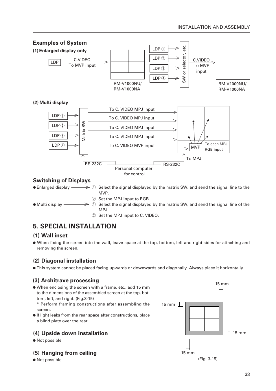 Special installation, Examples of system, Switching of displays | 1) wall inset, 2) diagonal installation, 3) architrave processing, 4) upside down installation, 5) hanging from ceiling | Pioneer Multi Projection System RM-V1000NU User Manual | Page 34 / 159