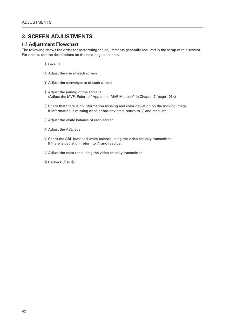 Screen adjustments, 1) adjustment flowchart | Pioneer Multi Projection System RM-V1000NU User Manual | Page 43 / 159