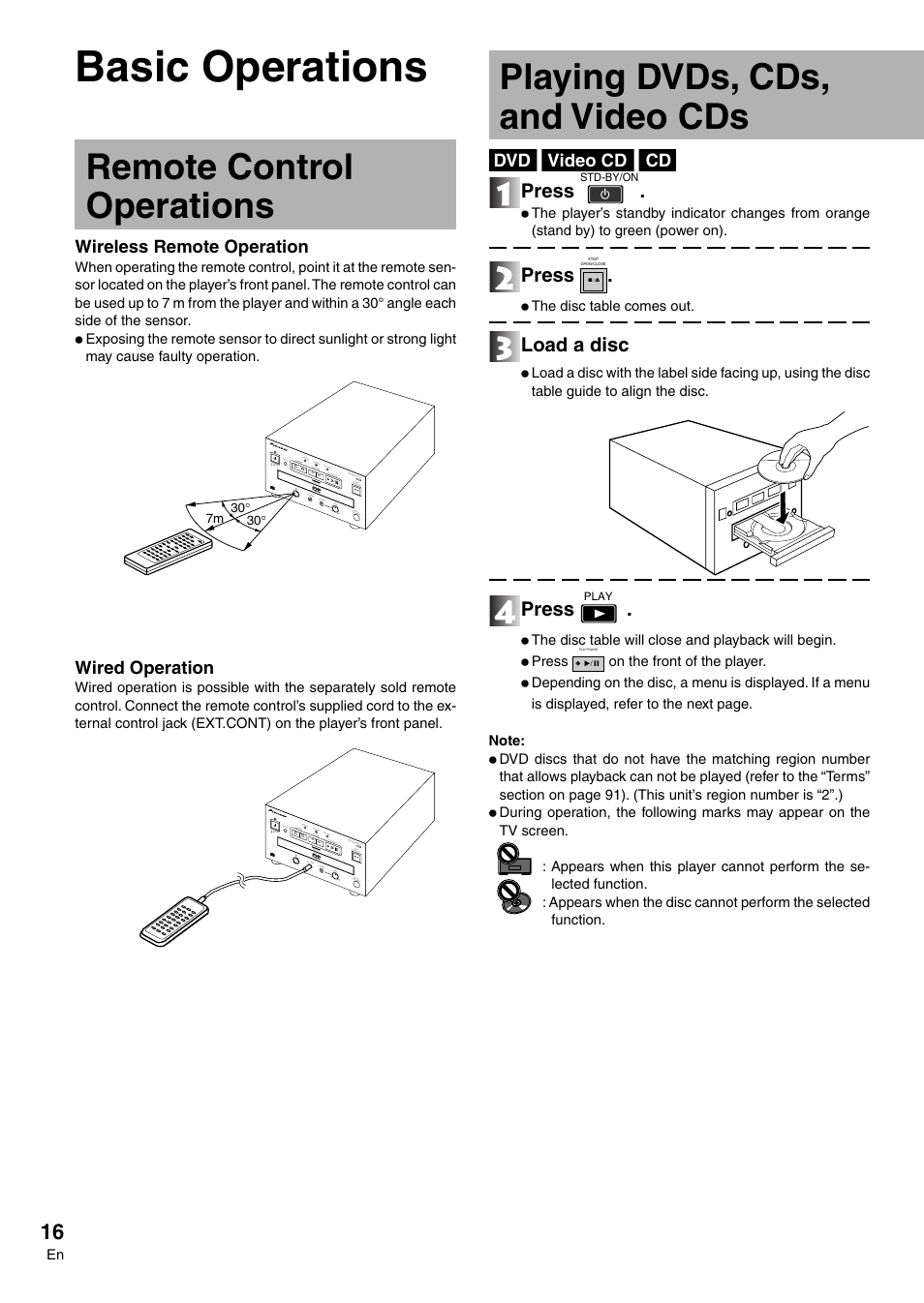 Basic operations, Remote control operations, Playing dvds, cds, and video cds | Press, Load a disc, Wireless remote operation, Wired operation, Video cd | Pioneer DVD-V7300D User Manual | Page 16 / 96