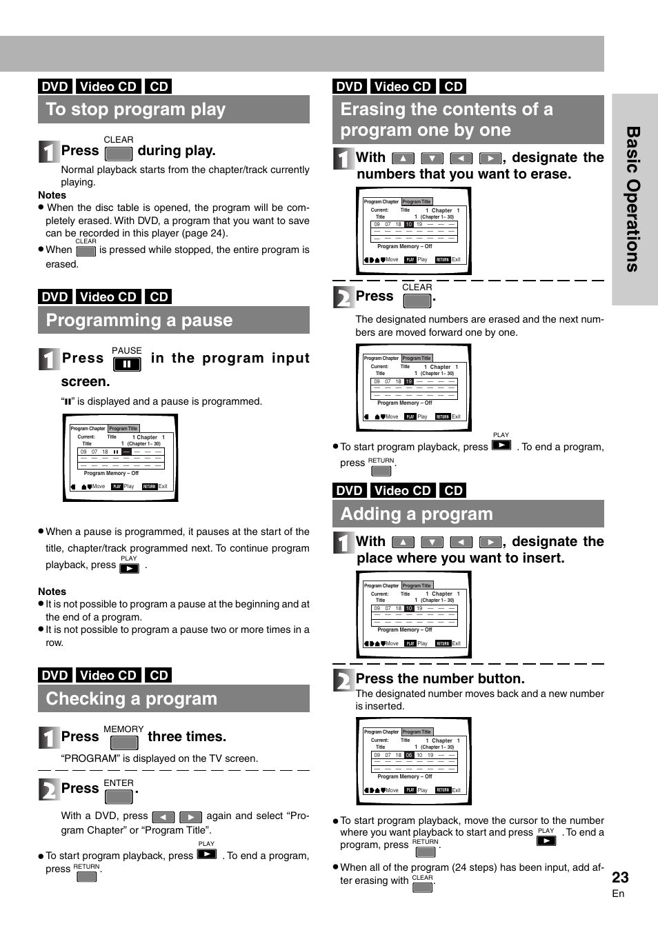 Basic operations, Erasing the contents of a program one by one, Adding a program | Programming a pause, Checking a program, Press, During play, Three times, Video cd | Pioneer DVD-V7300D User Manual | Page 23 / 96