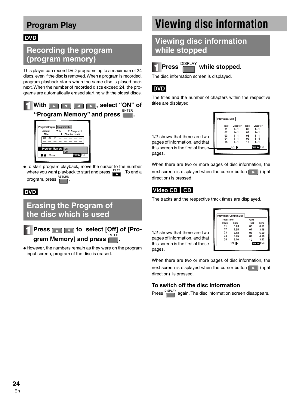 Viewing disc information, Program play, Erasing the program of the disc which is used | Viewing disc information while stopped, Press, While stopped, Video cd | Pioneer DVD-V7300D User Manual | Page 24 / 96