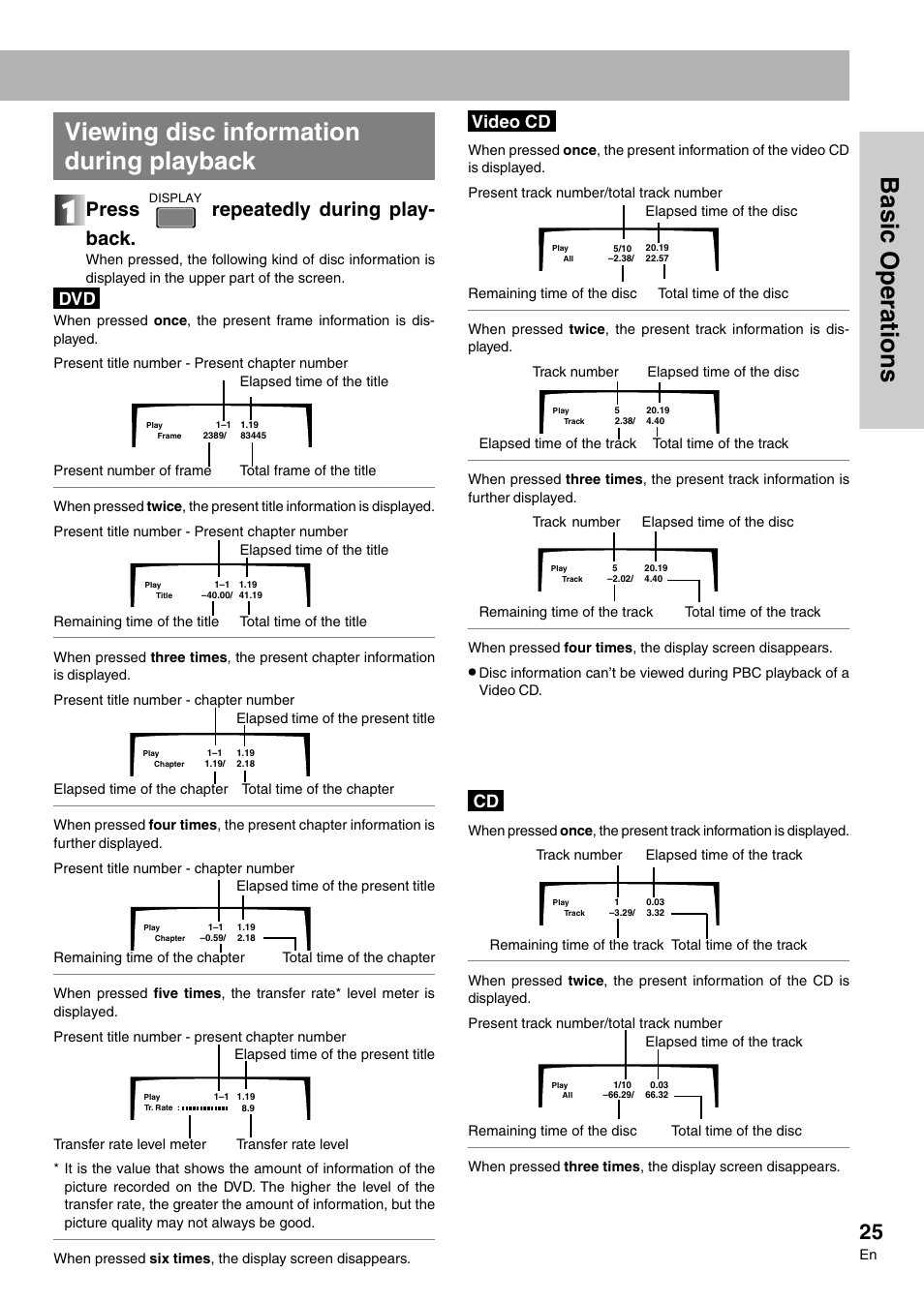 Press, Repeatedly during play- back, Video cd | Pioneer DVD-V7300D User Manual | Page 25 / 96