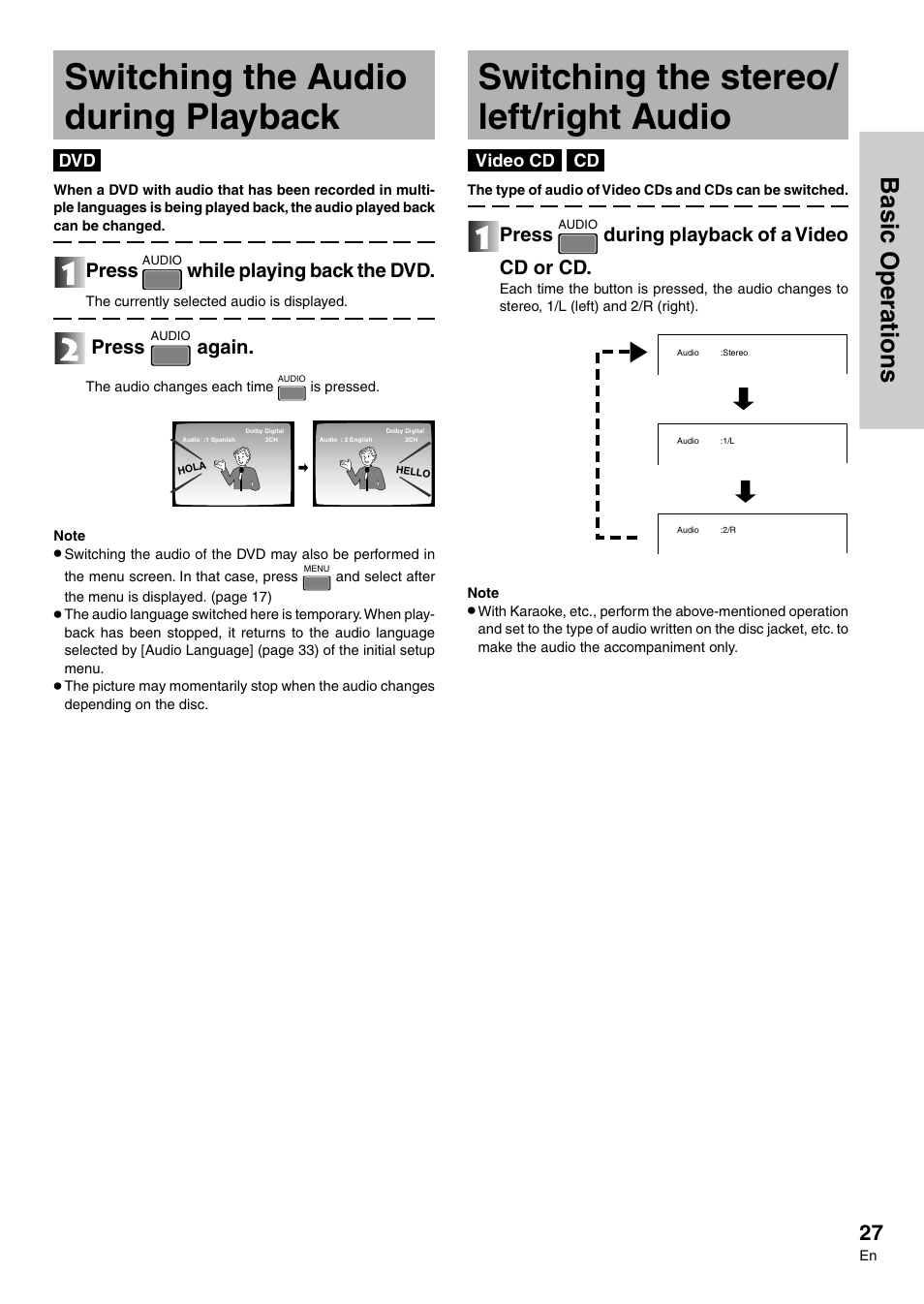 Switching the audio during playback, Switching the stereo/ left/right audio, Basic operations | Press, While playing back the dvd, Again, During playback of a video cd or cd | Pioneer DVD-V7300D User Manual | Page 27 / 96