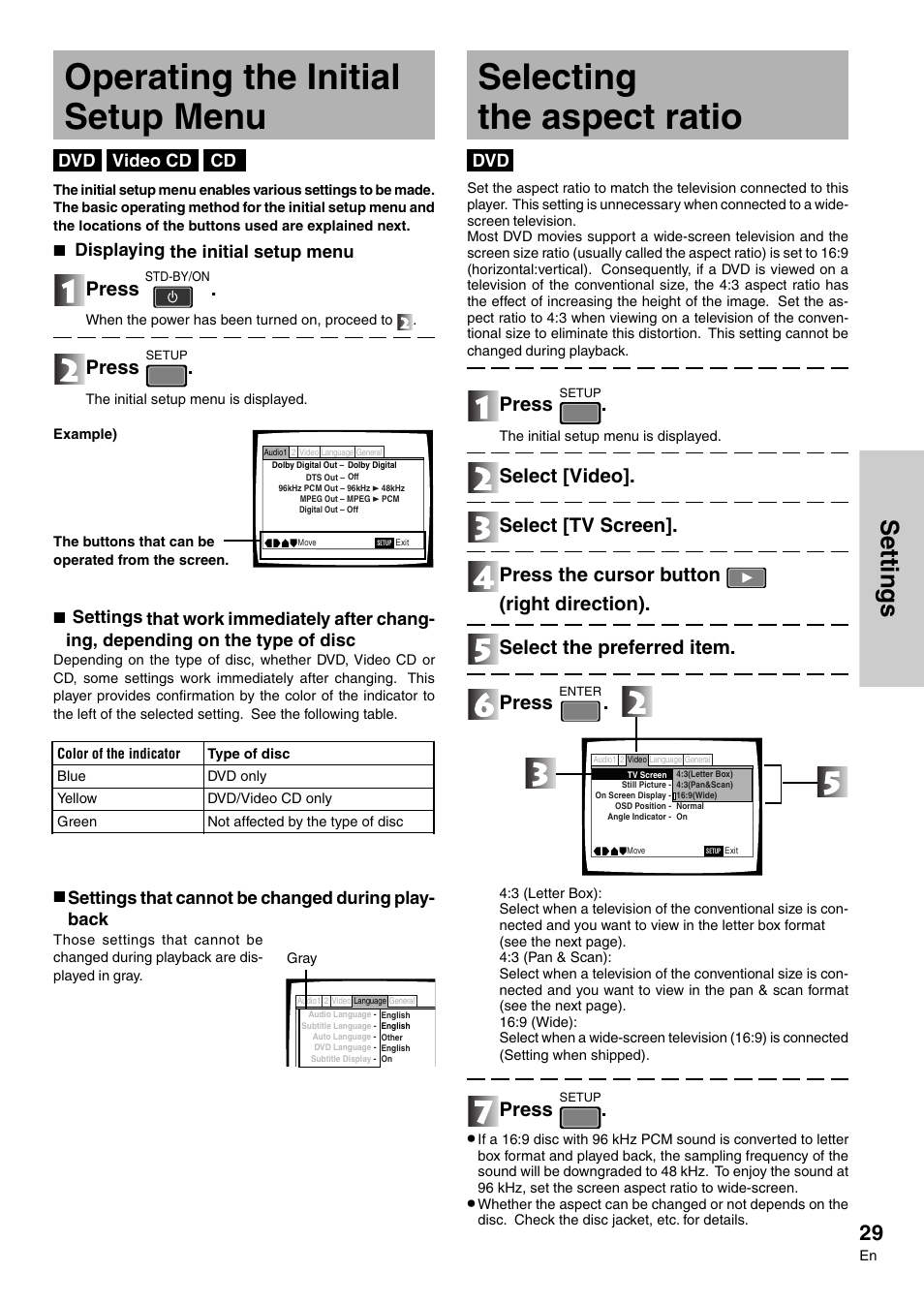 Operating the initial setup menu, Selecting the aspect ratio, Settings | Press, Video cd, 7 displaying the initial setup menu | Pioneer DVD-V7300D User Manual | Page 29 / 96