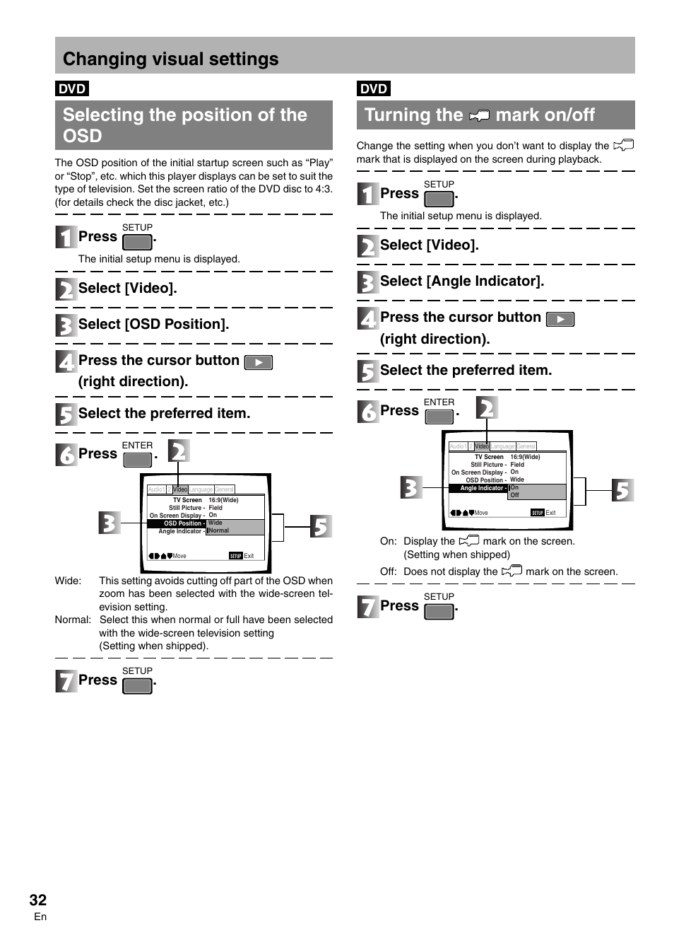 Selecting the position of the osd, Turning the mark on/off, Changing visual settings | Press | Pioneer DVD-V7300D User Manual | Page 32 / 96