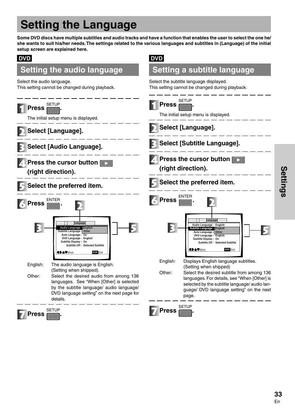 Setting the language, Settings, Setting the audio language | Setting a subtitle language, Press | Pioneer DVD-V7300D User Manual | Page 33 / 96