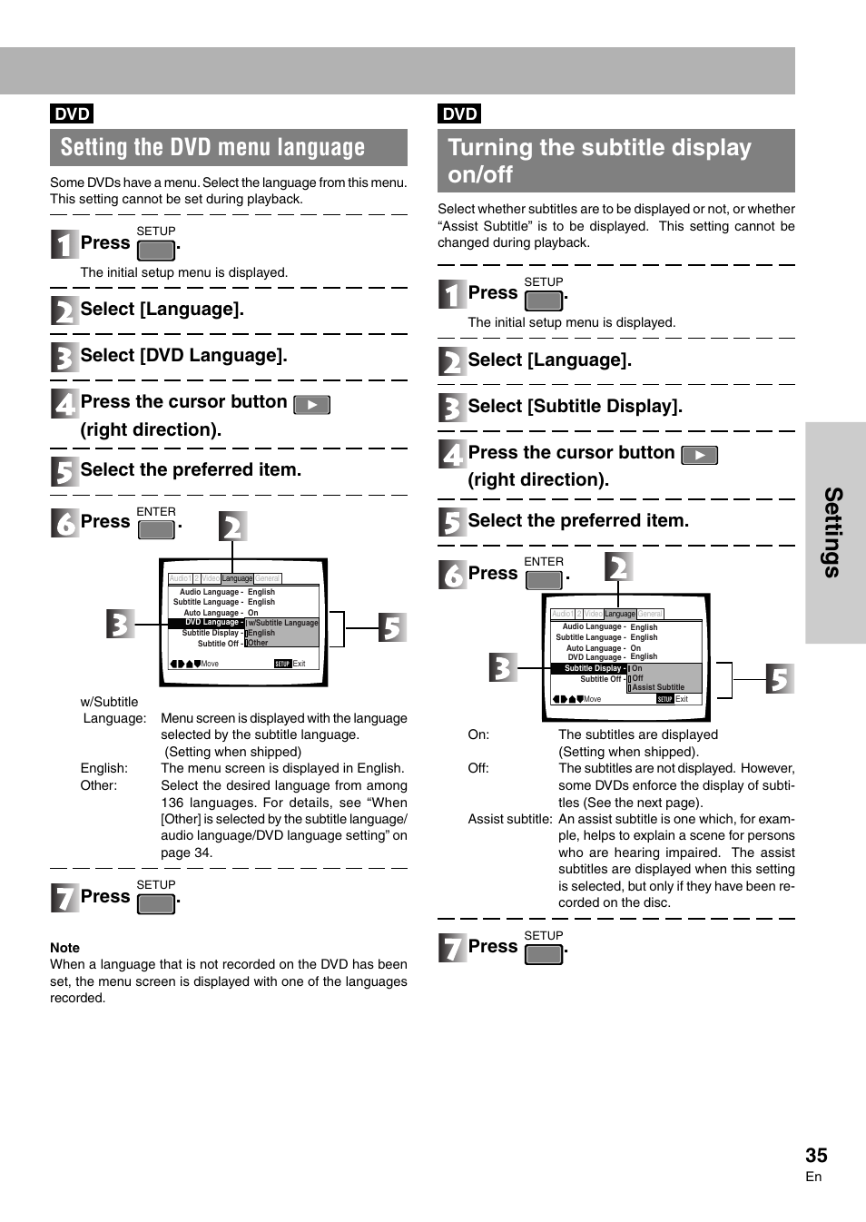 Settings, Setting the dvd menu language, Turning the subtitle display on/off | Press | Pioneer DVD-V7300D User Manual | Page 35 / 96