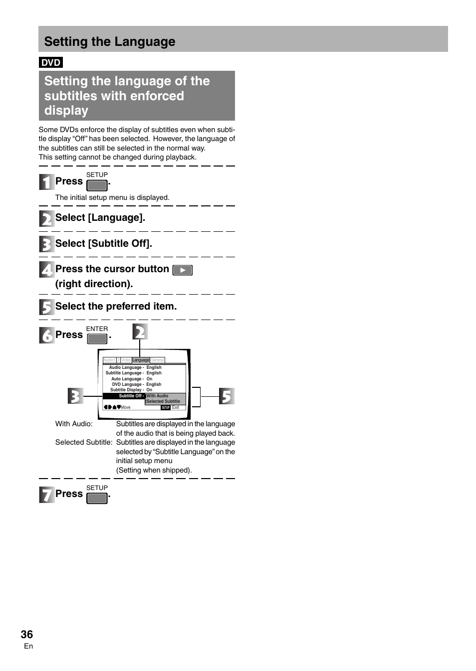 Setting the language, Press | Pioneer DVD-V7300D User Manual | Page 36 / 96