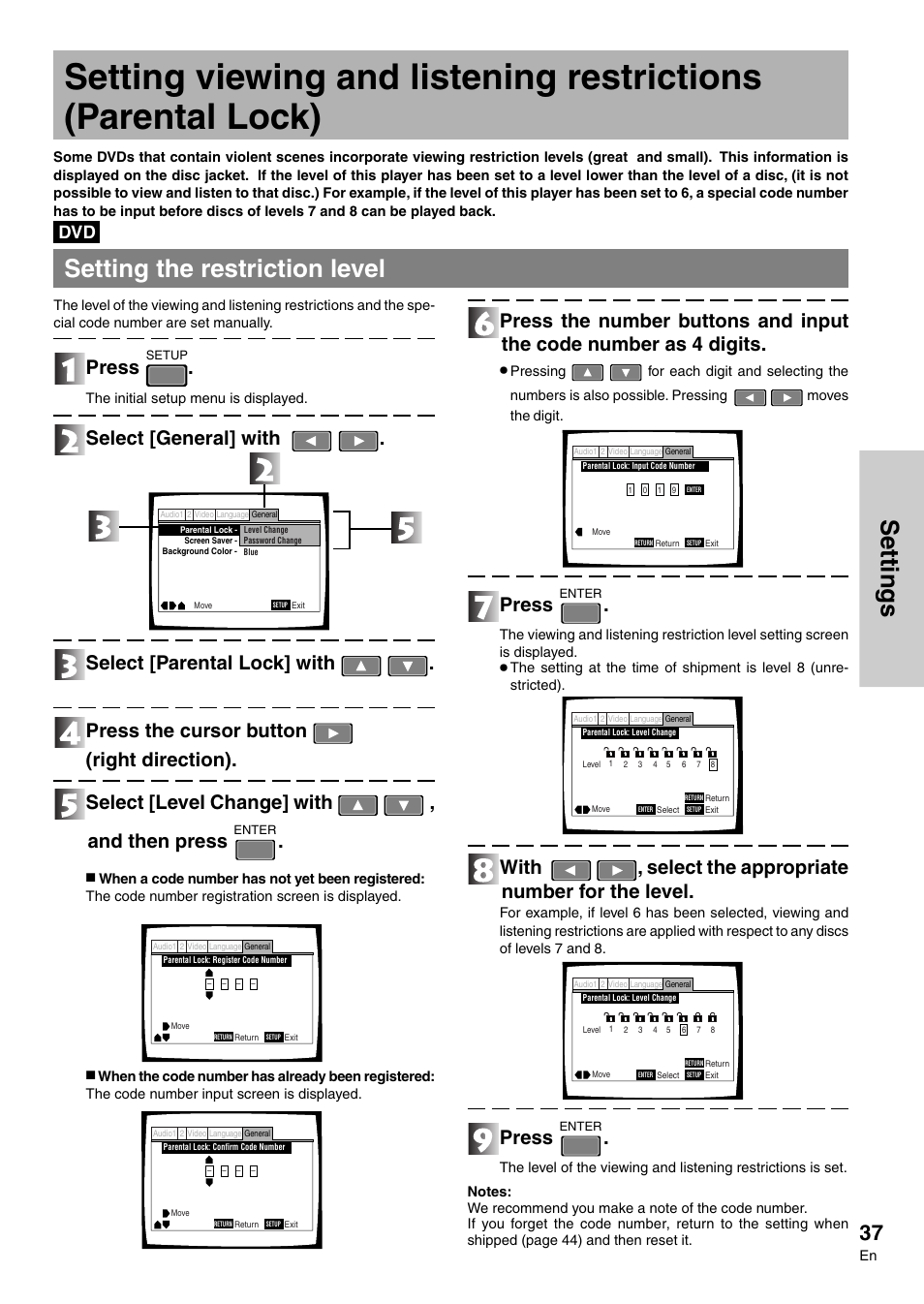 Settings, Setting the restriction level, Press | With , select the appropriate number for the level | Pioneer DVD-V7300D User Manual | Page 37 / 96