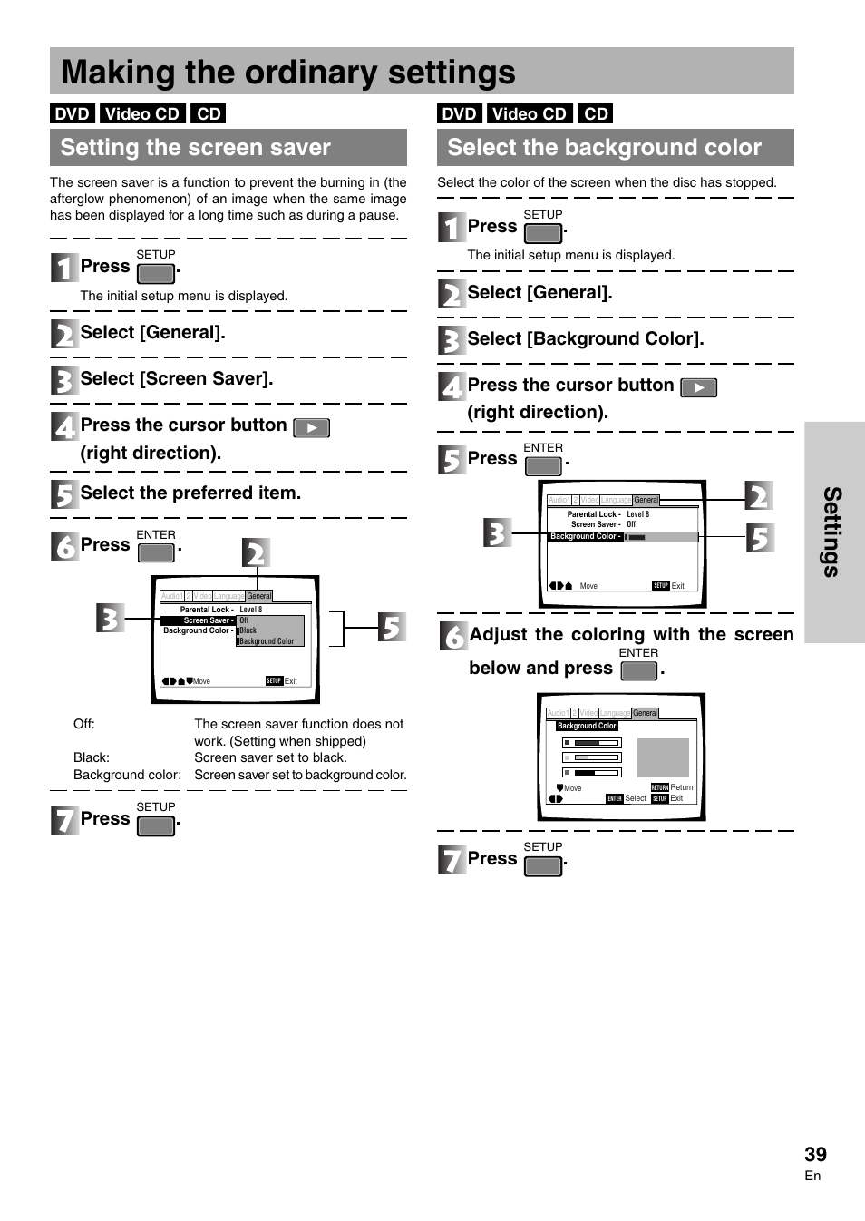 Making the ordinary settings, Settings, Setting the screen saver | Select the background color, Press | Pioneer DVD-V7300D User Manual | Page 39 / 96