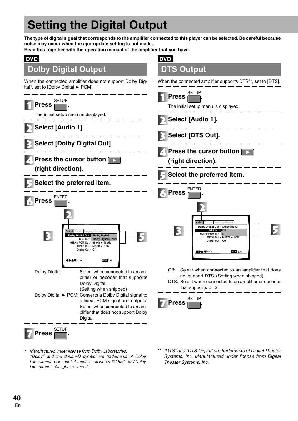 Setting the digital output, Dolby digital output, Dts output | Press | Pioneer DVD-V7300D User Manual | Page 40 / 96