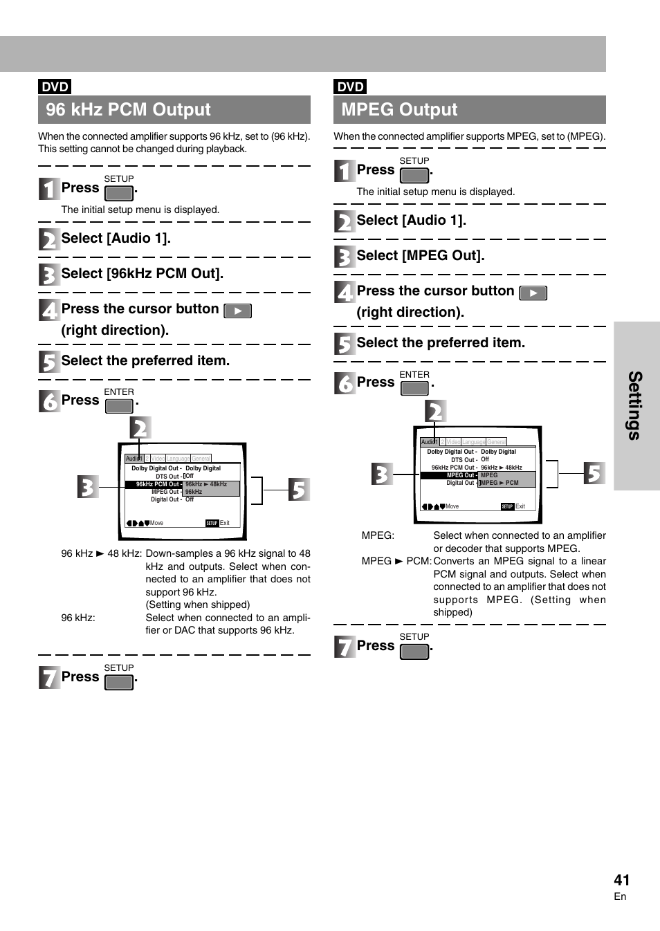 Settings, 96 khz pcm output, Mpeg output | Press | Pioneer DVD-V7300D User Manual | Page 41 / 96