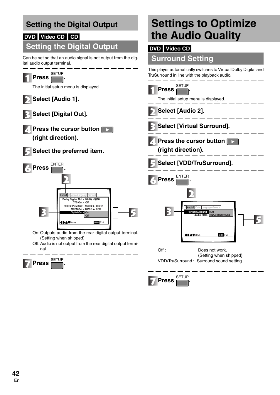 Setting to optimize the audio quality, Settings to optimize the audio quality, Setting the digital output | Surround setting, Press | Pioneer DVD-V7300D User Manual | Page 42 / 96