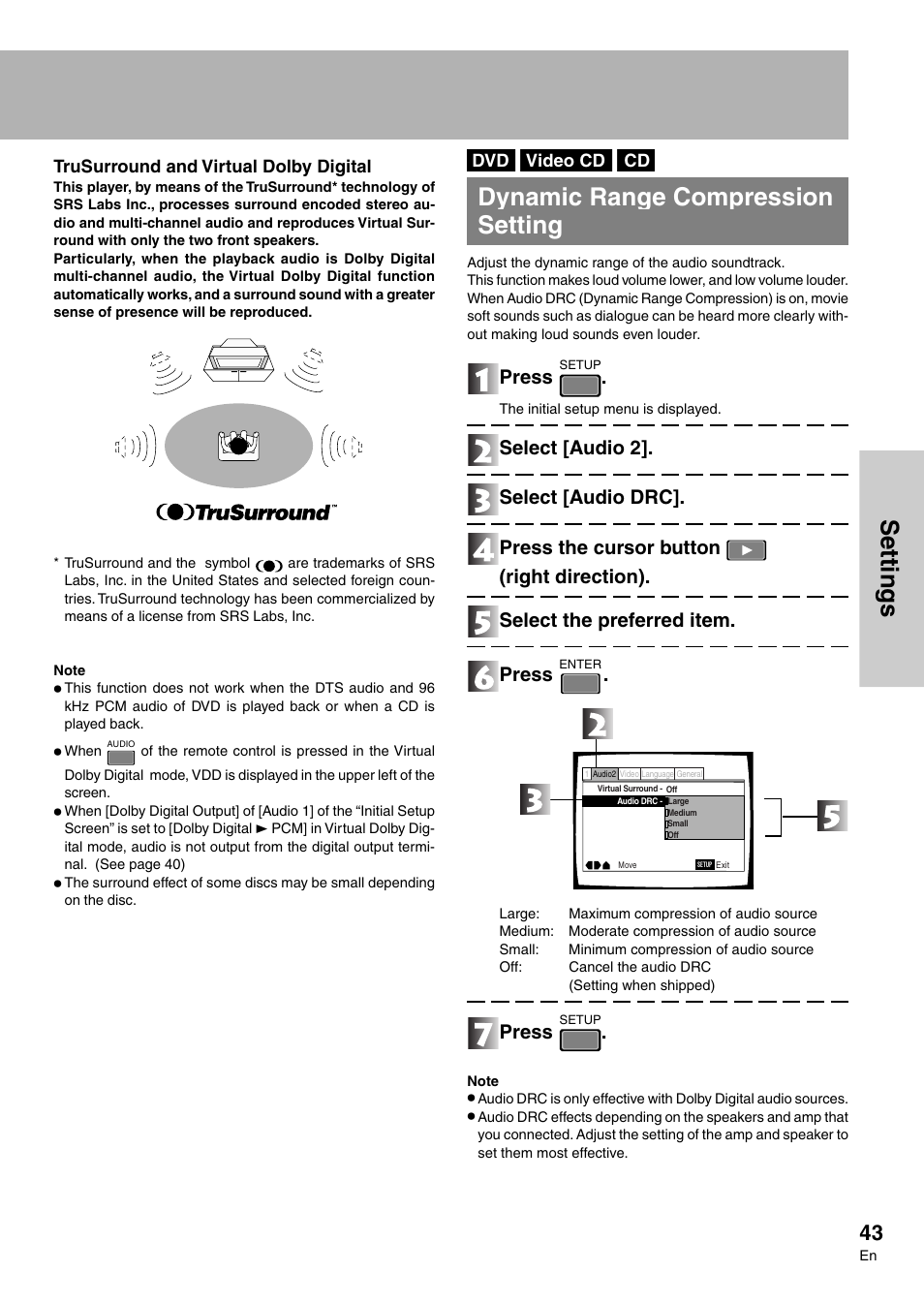 Settings, Dynamic range compression setting, Press | Pioneer DVD-V7300D User Manual | Page 43 / 96