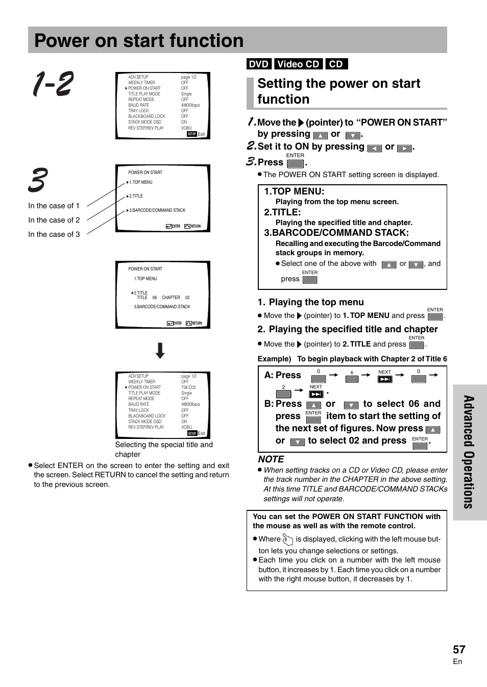 Power on start function, Advanced operations, Setting the power on start function 1 | Video cd, Set it to on by pressing or, Press, Playing the top menu, Playing the specified title and chapter, Top menu, Title | Pioneer DVD-V7300D User Manual | Page 57 / 96