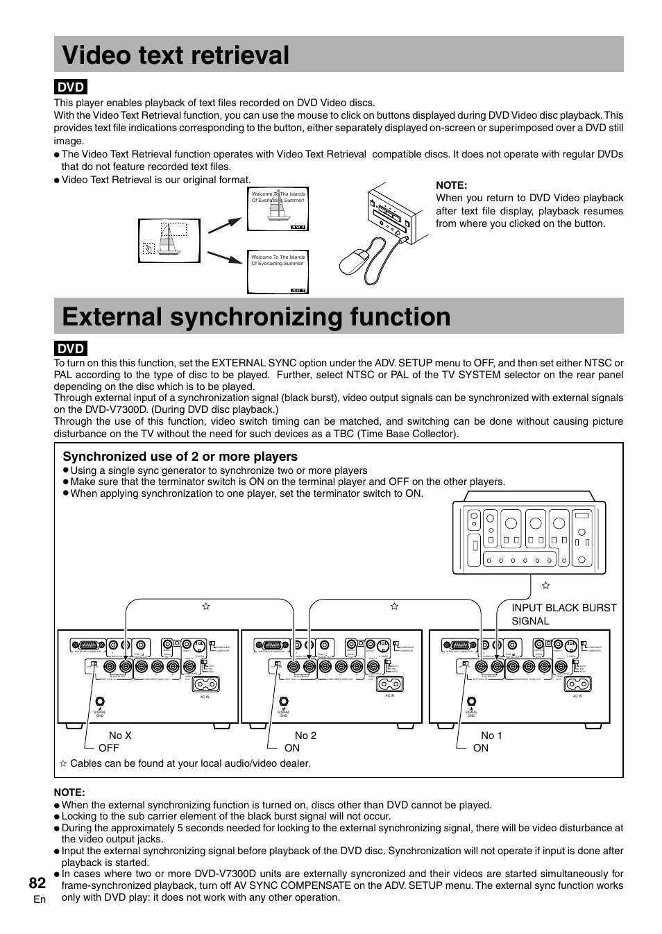 Video text retrieval, External synchronizing function, Synchronized use of 2 or more players | Pioneer DVD-V7300D User Manual | Page 82 / 96