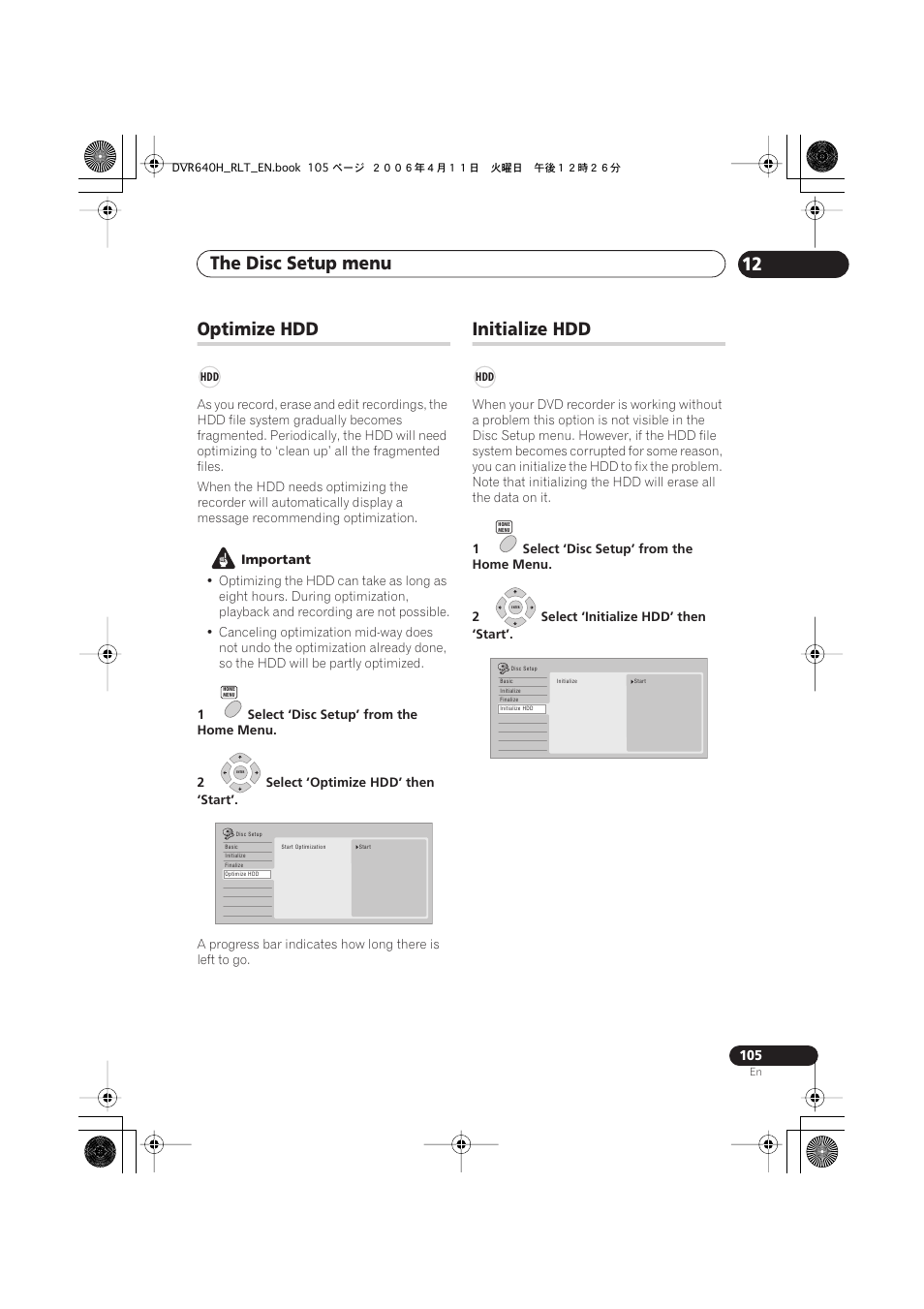 Optimize hdd, Initialize hdd, The disc setup menu 12 | Pioneer DVR-541H-S User Manual | Page 105 / 140
