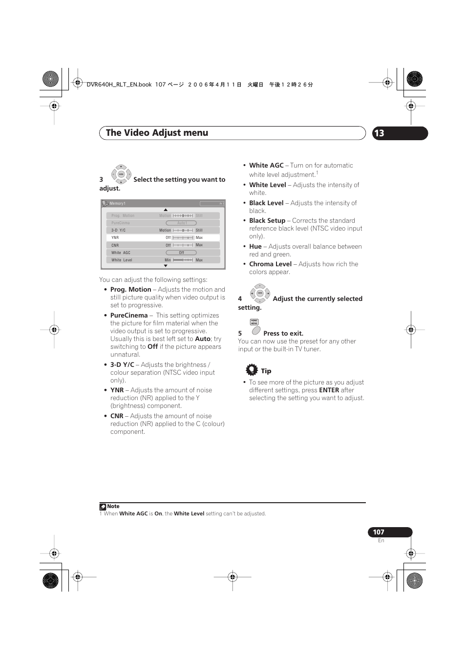 The video adjust menu 13 | Pioneer DVR-541H-S User Manual | Page 107 / 140