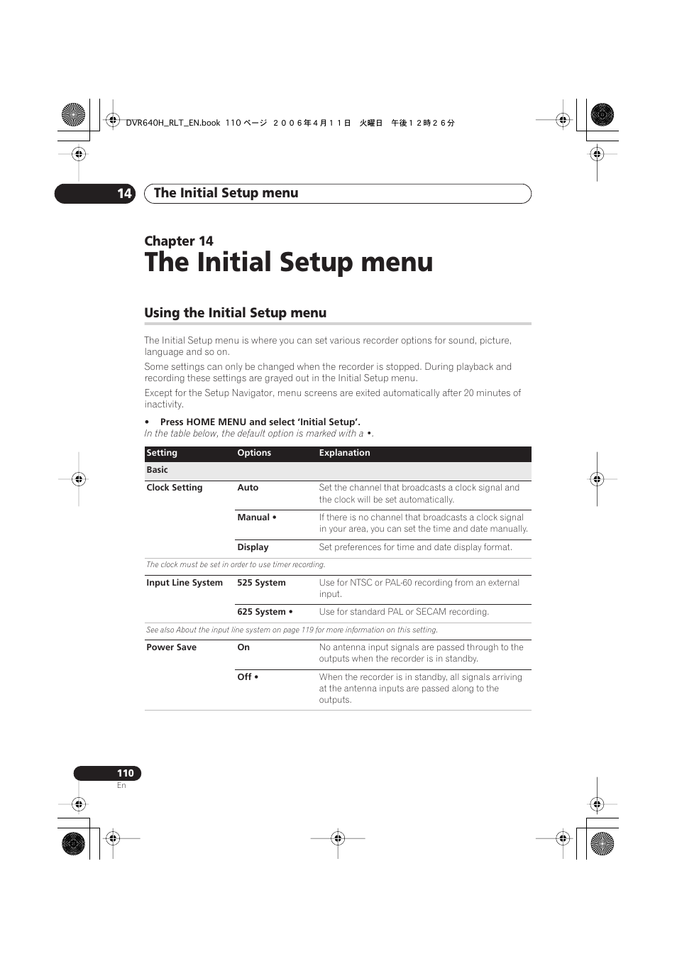 14 the initial setup menu, Using the initial setup menu, The initial setup menu | The initial setup menu 14, Chapter 14 | Pioneer DVR-541H-S User Manual | Page 110 / 140