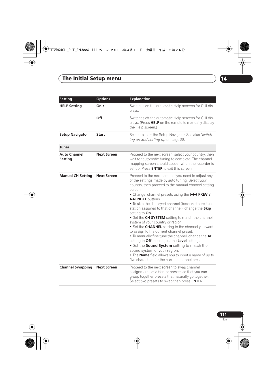 The initial setup menu 14 | Pioneer DVR-541H-S User Manual | Page 111 / 140