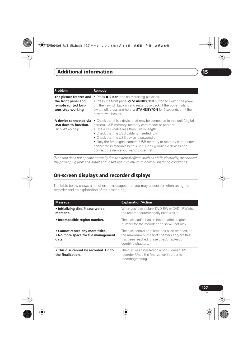 On-screen displays and recorder displays, Additional information 15 | Pioneer DVR-541H-S User Manual | Page 127 / 140