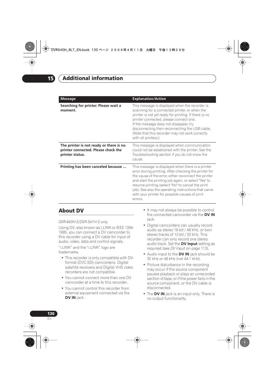 About dv, Additional information 15 | Pioneer DVR-541H-S User Manual | Page 130 / 140