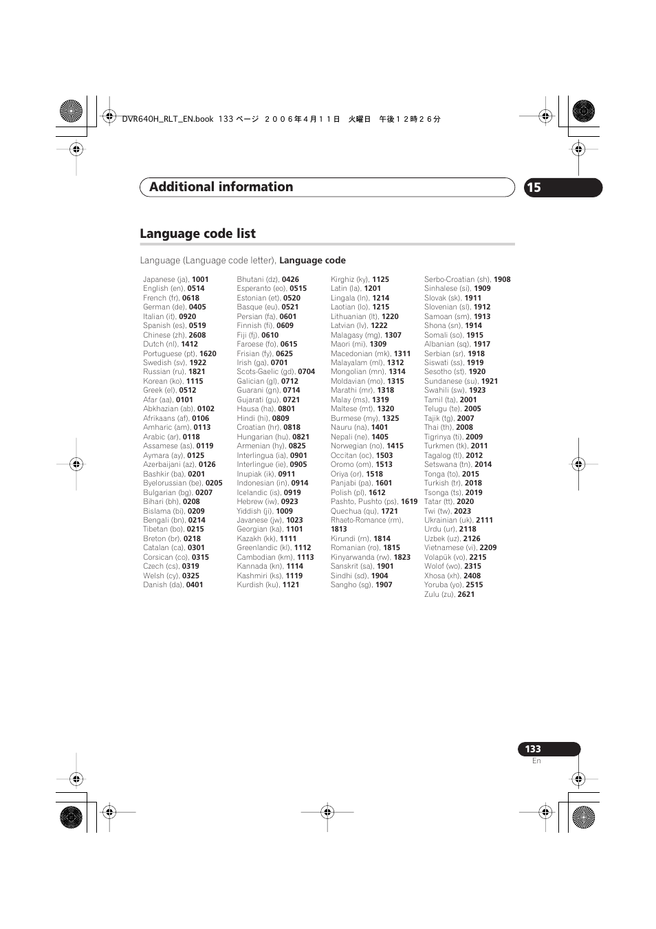 Language code list, Additional information 15 | Pioneer DVR-541H-S User Manual | Page 133 / 140