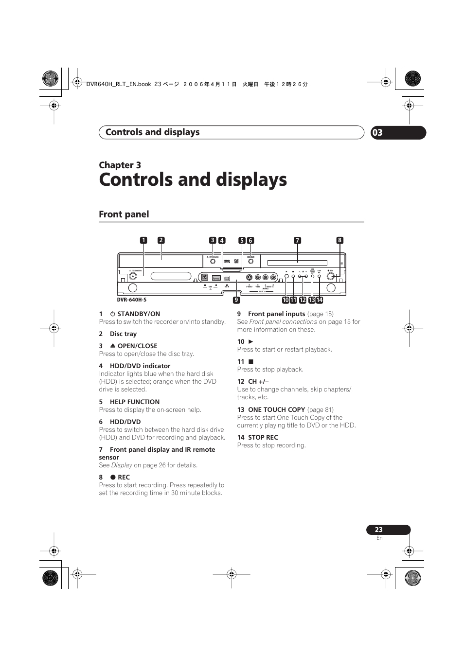 03 controls and displays, Front panel, Controls and displays | Controls and displays 03, Chapter 3 | Pioneer DVR-541H-S User Manual | Page 23 / 140