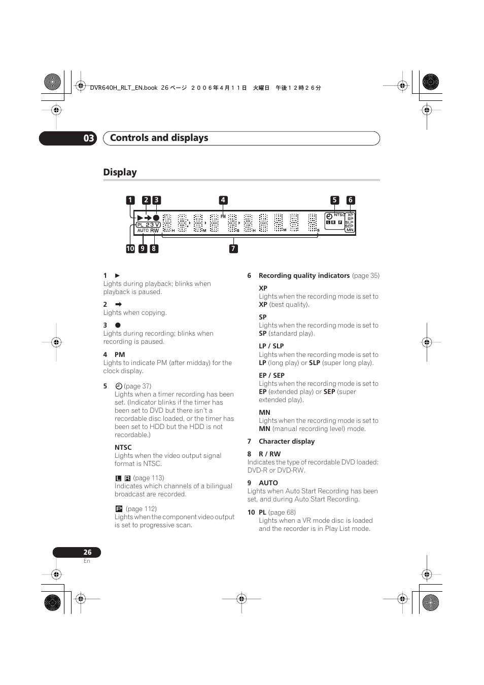 Display, Controls and displays 03 | Pioneer DVR-541H-S User Manual | Page 26 / 140