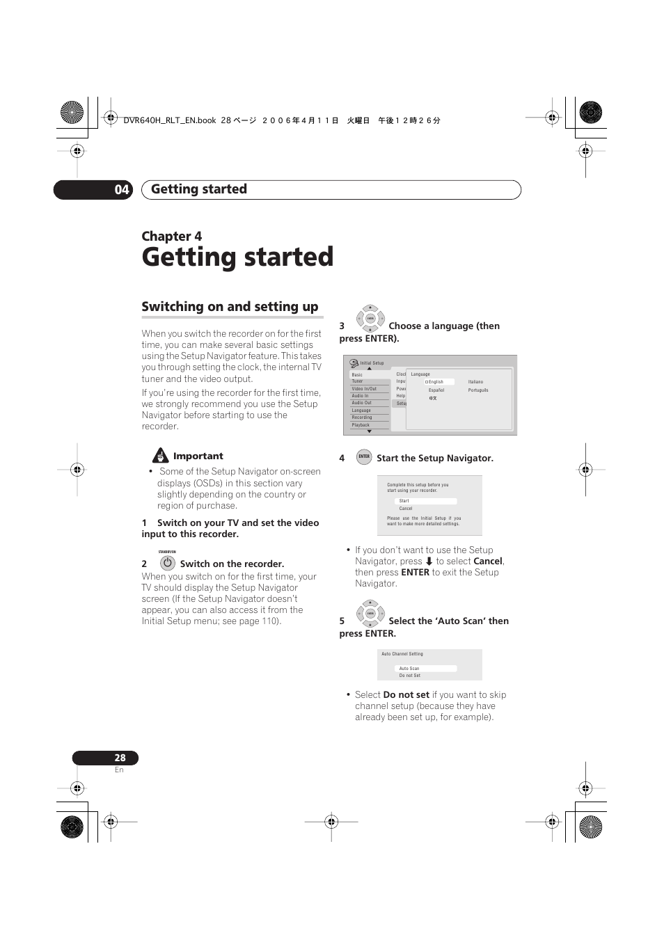 04 getting started, Switching on and setting up, Getting started | Getting started 04, Chapter 4 | Pioneer DVR-541H-S User Manual | Page 28 / 140