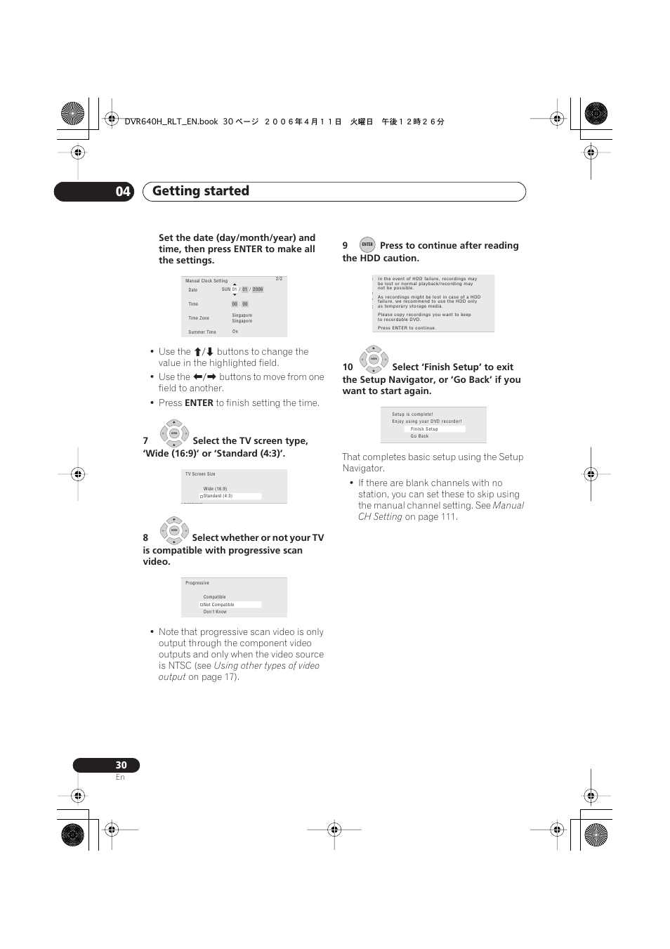 Getting started 04, Use the, Buttons to move from one field to another. • press | Enter, Using other types of video output, On page 17), Manual ch setting, On page 111 | Pioneer DVR-541H-S User Manual | Page 30 / 140