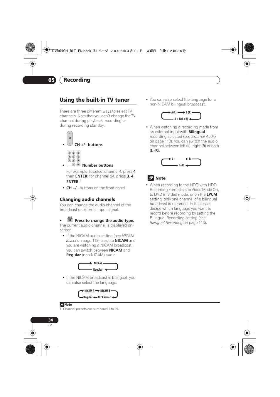 Using the built-in tv tuner, Recording 05, Changing audio channels | Pioneer DVR-541H-S User Manual | Page 34 / 140