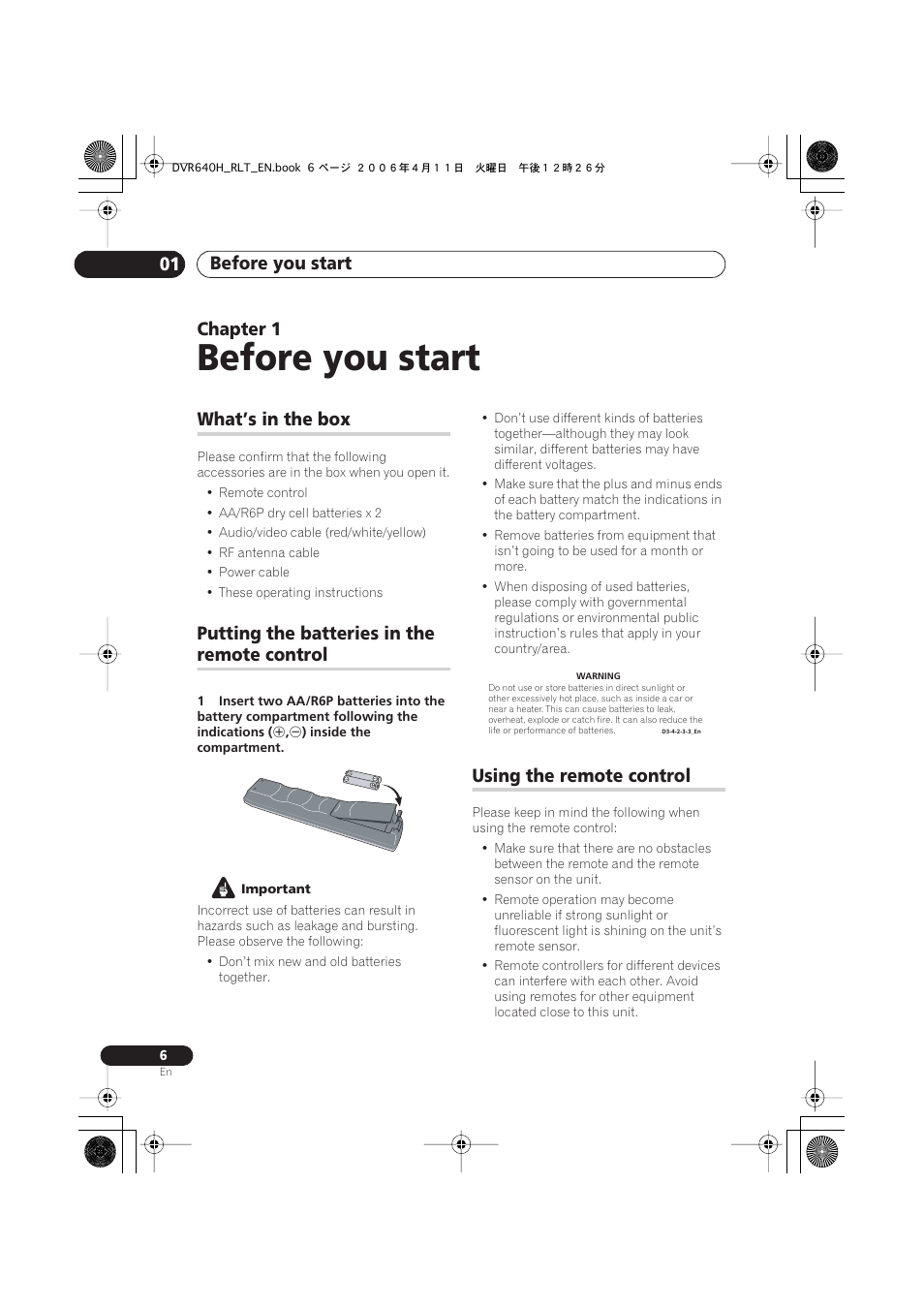 01 before you start, What’s in the box, Putting the batteries in the remote control | Using the remote control, Before you start, Before you start 01, Chapter 1, Putting the batteries in the, Remote control | Pioneer DVR-541H-S User Manual | Page 6 / 140