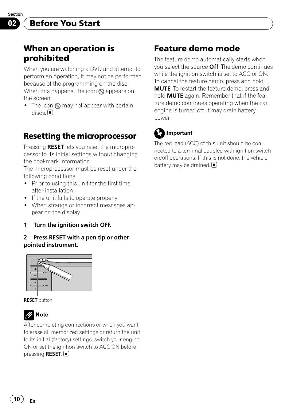 When an operation is prohibited 10, When an operation is prohibited, Resetting the microprocessor | Feature demo mode, Before you start | Pioneer AVH-P3100DVD User Manual | Page 10 / 116
