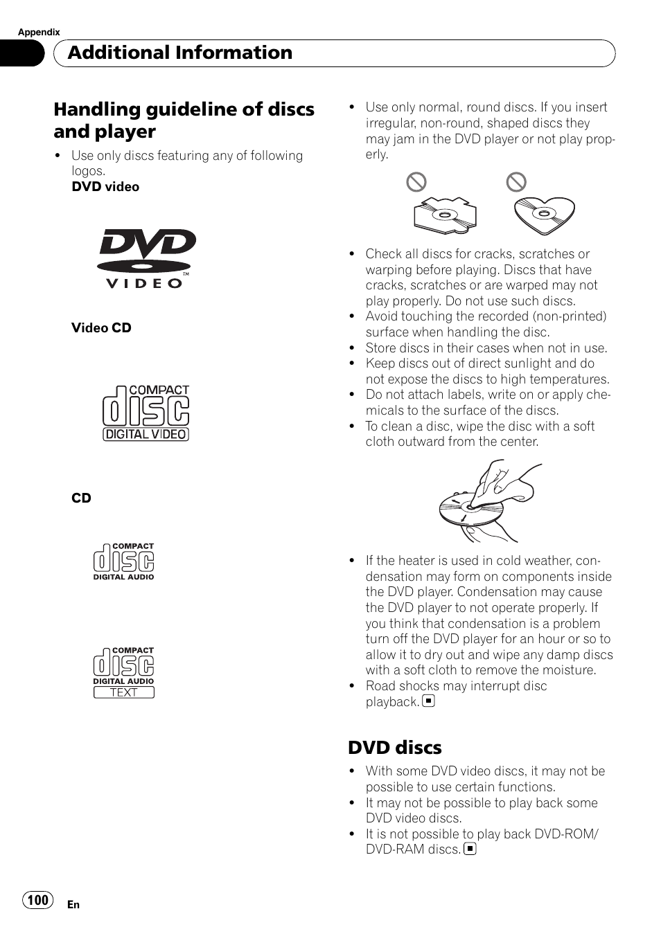 Handling guideline of discs and player 100, Handling guideline of discs and player, Dvd discs | Additional information | Pioneer AVH-P3100DVD User Manual | Page 100 / 116