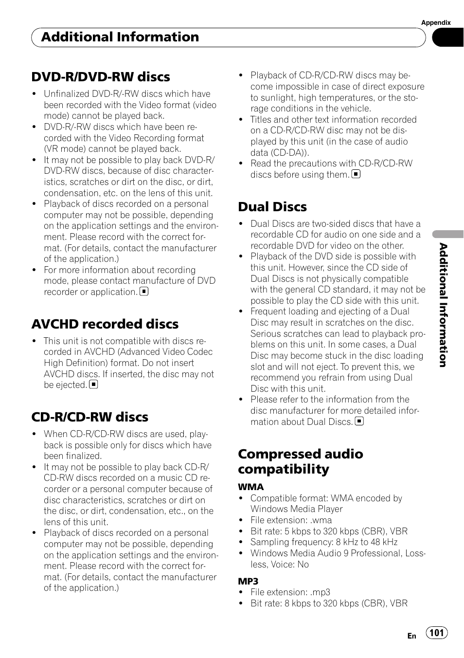 Dvd-r/dvd-rw discs, Avchd recorded discs, Cd-r/cd-rw discs | Dual discs, Compressed audio compatibility, Additional information | Pioneer AVH-P3100DVD User Manual | Page 101 / 116