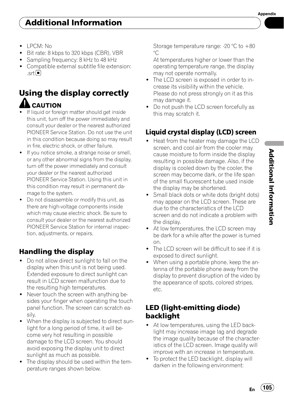 Using the display correctly, Additional information, Handling the display | Liquid crystal display (lcd) screen, Led (light-emitting diode) backlight | Pioneer AVH-P3100DVD User Manual | Page 105 / 116