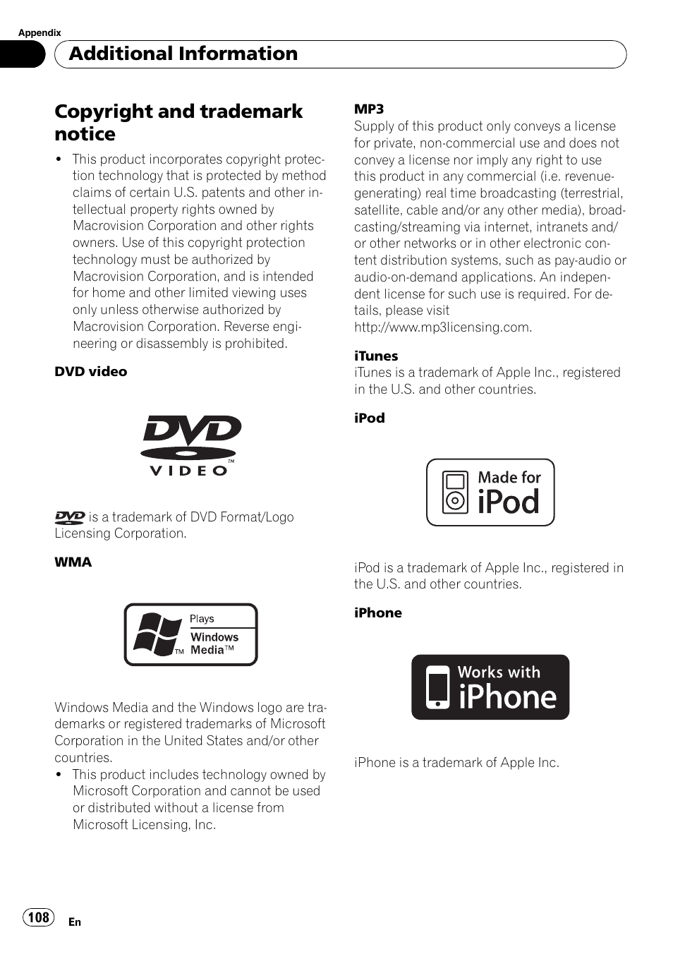 Copyright and trademark notice, Additional information | Pioneer AVH-P3100DVD User Manual | Page 108 / 116