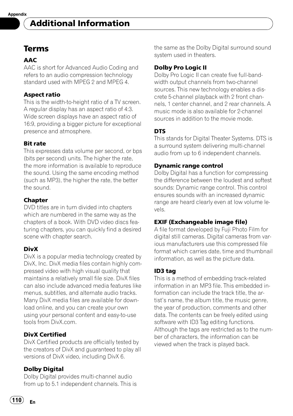 Terms, Additional information | Pioneer AVH-P3100DVD User Manual | Page 110 / 116