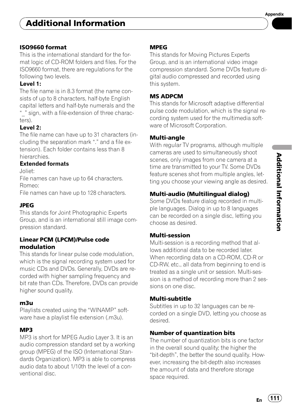 Additional information | Pioneer AVH-P3100DVD User Manual | Page 111 / 116