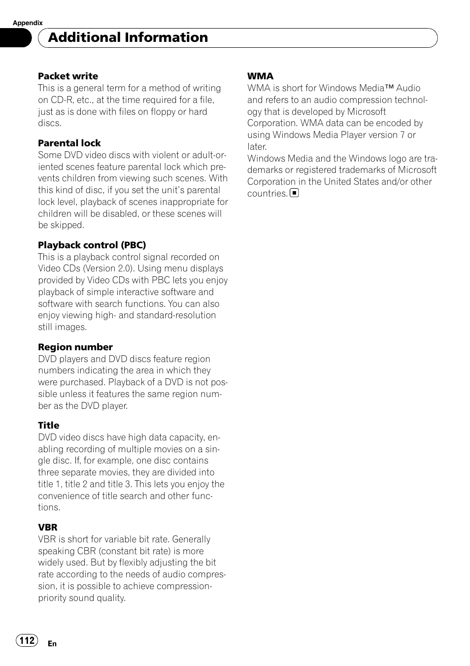 Additional information | Pioneer AVH-P3100DVD User Manual | Page 112 / 116