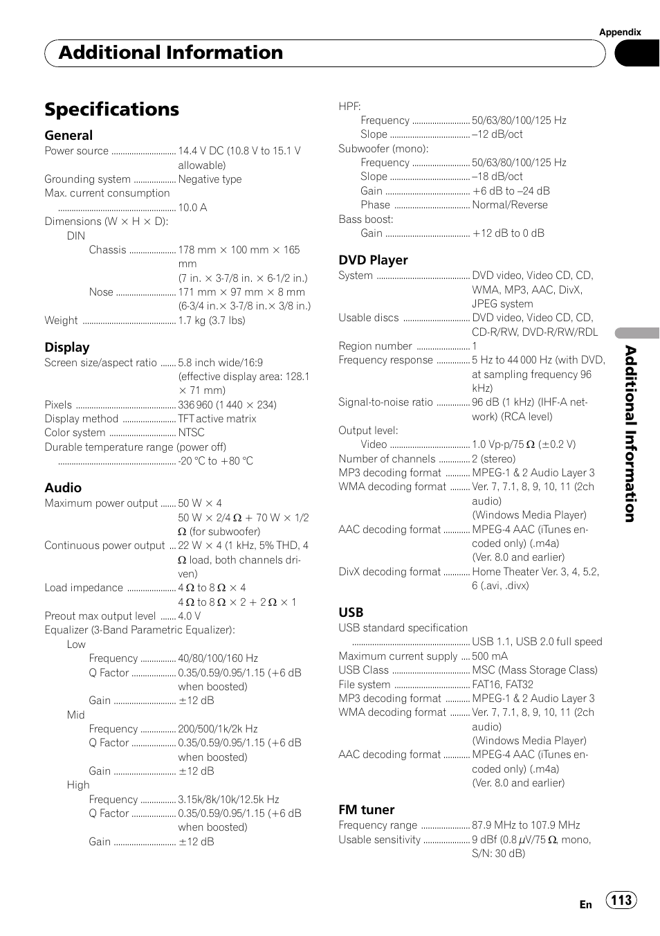 Specifications, Additional information | Pioneer AVH-P3100DVD User Manual | Page 113 / 116