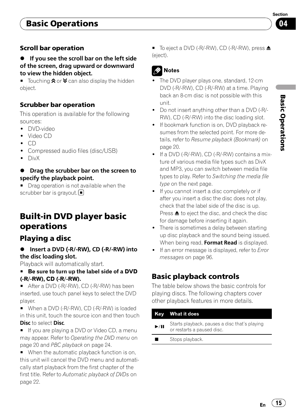 Built-in dvd player basic operations, Basic operations, Playing a disc | Basic playback controls | Pioneer AVH-P3100DVD User Manual | Page 15 / 116