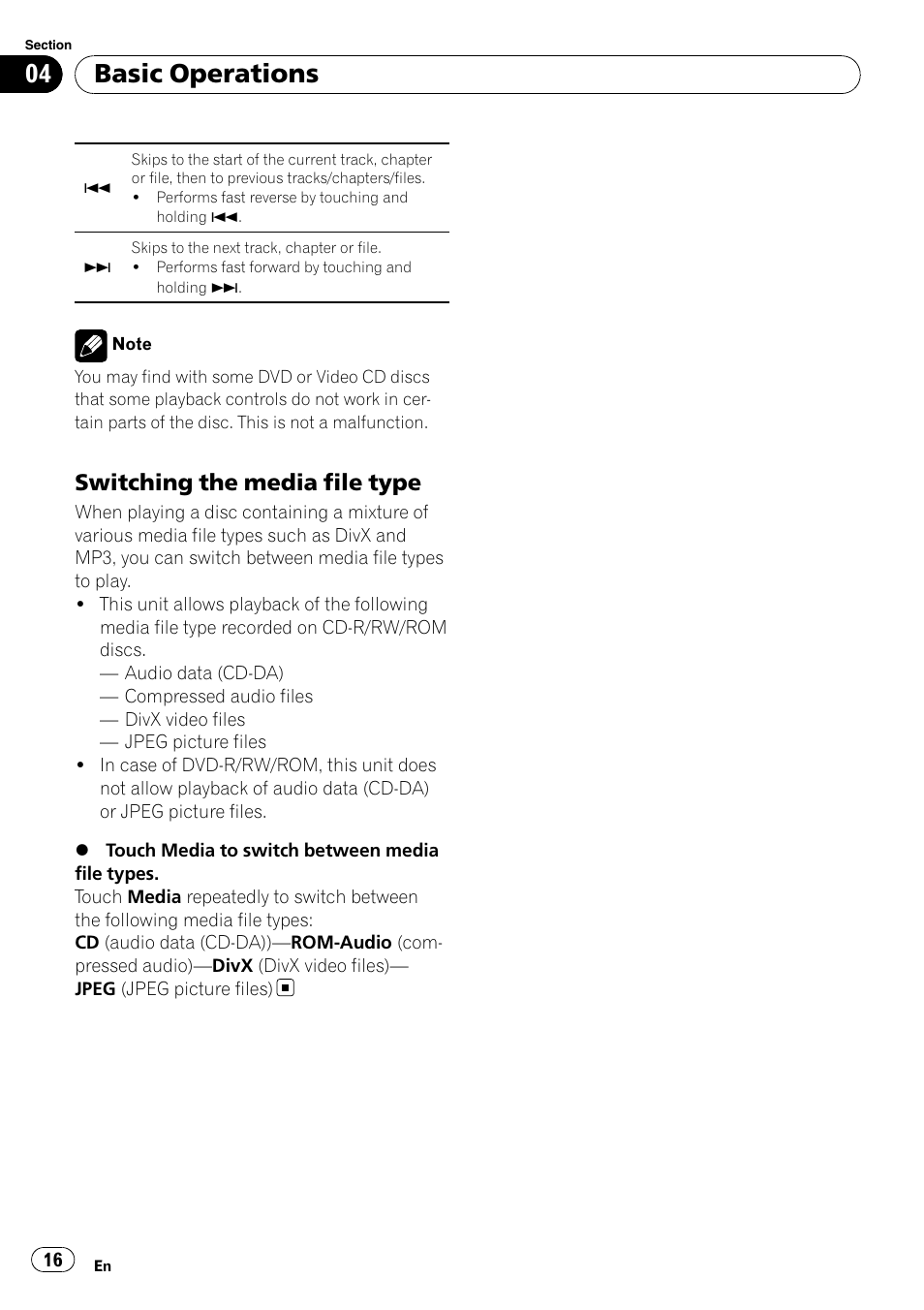 Basic operations, Switching the media file type | Pioneer AVH-P3100DVD User Manual | Page 16 / 116