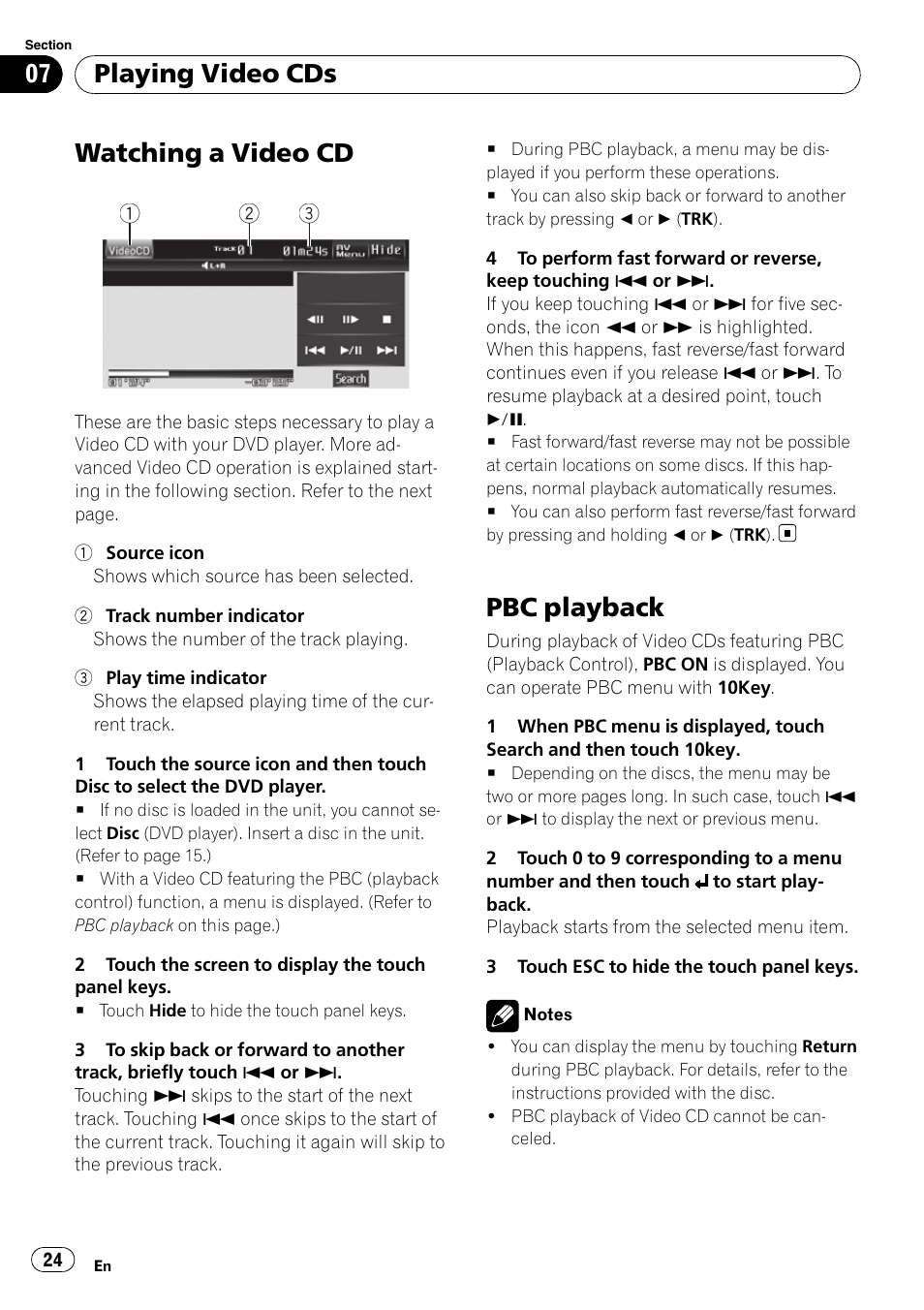 Playing video cds watching a video cd, Pbc playback, Watching a video cd | Playing video cds | Pioneer AVH-P3100DVD User Manual | Page 24 / 116