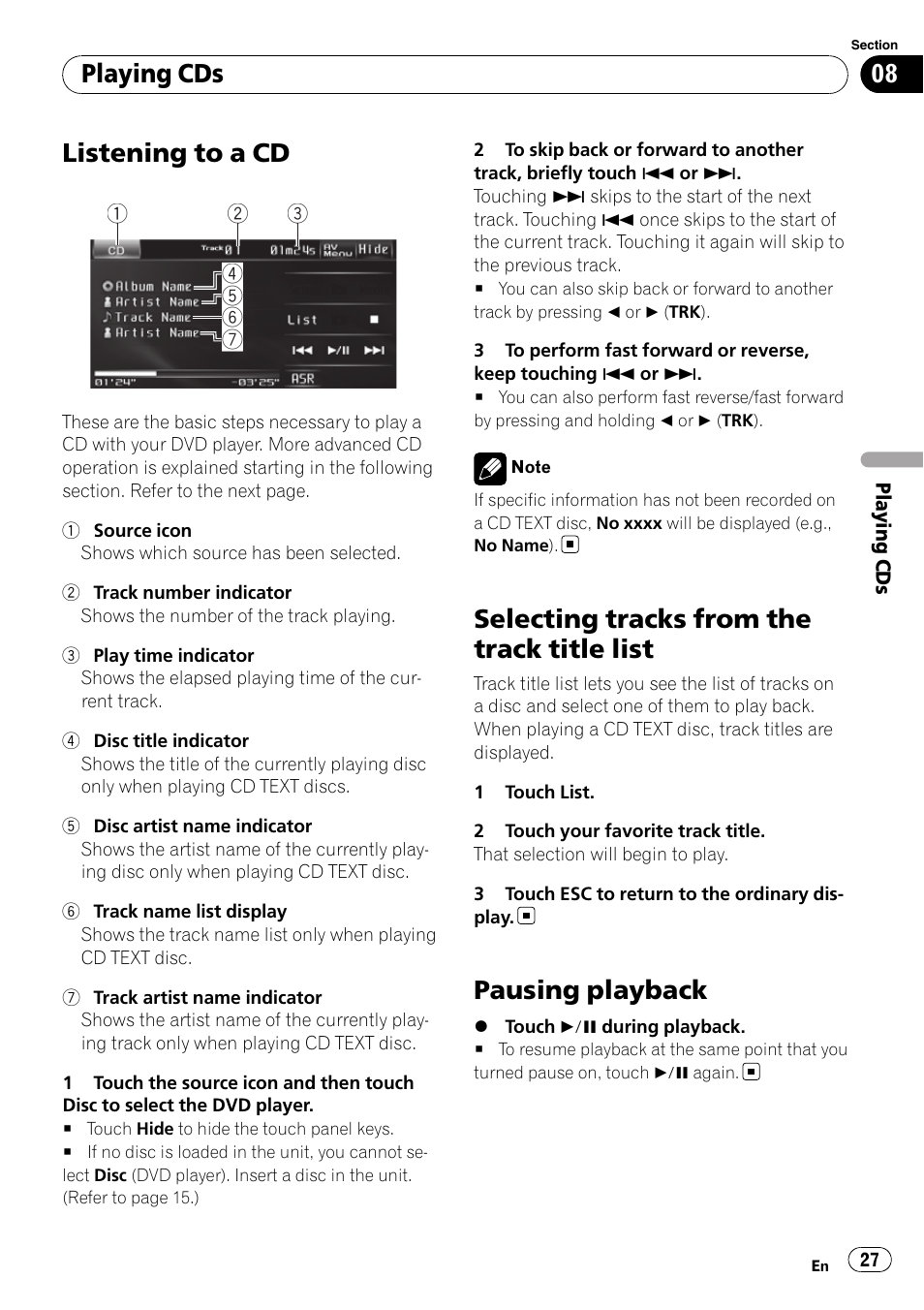 Playing cds listening to a cd, Selecting tracks from the track title list, Pausing playback | Listening to a cd, Playing cds | Pioneer AVH-P3100DVD User Manual | Page 27 / 116